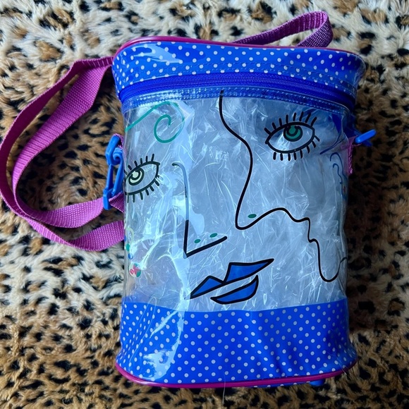 Whimsical Face Clear PVC Crossbody Bag – Blue/Polka Dot, 10” Tall - Picture 1 of 8